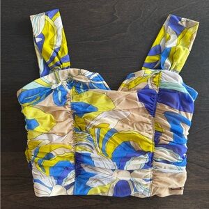 Guess by Marciano Blue Yellow Floral Ruched Crop Top